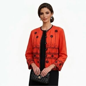 Allure. Vintage Red Embroidered Jacket – Boho Floral Button-Up. Size XL